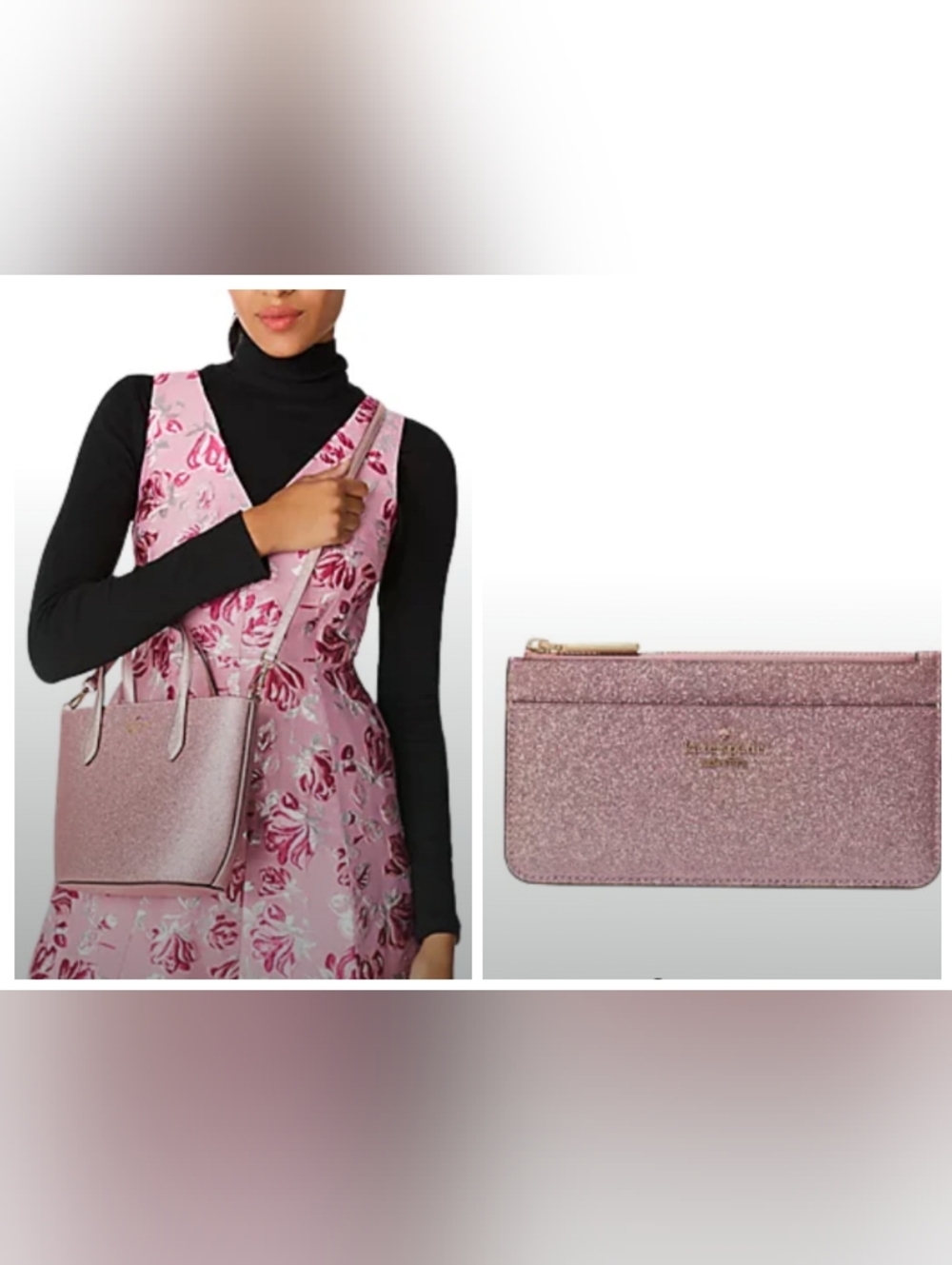 Kate Spade-2pc Glimmer Glitter Satchel & Card Holder-Wallet (Mitten Pink 🩷)